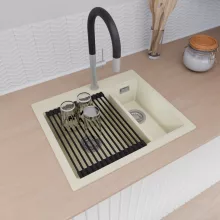 HD Aspen White 58 kétmedencés gránit mosogatótálca szett, matt fekete csepegtetőráccsal és krómozott kosárral, tört fehér színben, szálcsiszolt króm leeresztő szifonnal