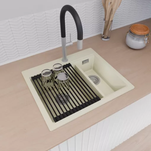 HD Aspen White 58 kétmedencés gránit mosogatótálca szett, matt fekete csepegtetőráccsal és krómozott kosárral, tört fehér színben, szálcsiszolt króm leeresztő szifonnal