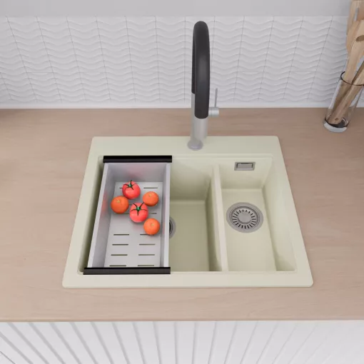 HD Aspen White 58 kétmedencés gránit mosogatótálca szett, matt fekete csepegtetőráccsal és krómozott kosárral, tört fehér színben, szálcsiszolt króm leeresztő szifonnal