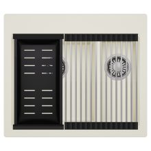 HD Aspen White 58 kétmedencés gránit mosogatótálca szett, acél csepegtetőráccsal és matt fekete kosárral, tört fehér színben, szálcsiszolt króm leeresztő szifonnal