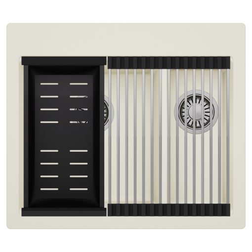 HD Aspen White 58 kétmedencés gránit mosogatótálca szett, acél csepegtetőráccsal és matt fekete kosárral, tört fehér színben, szálcsiszolt króm leeresztő szifonnal