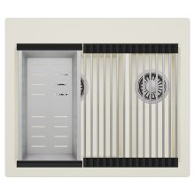 HD Aspen White 58 kétmedencés gránit mosogatótálca szett, acél csepegtetőráccsal és kosárral, tört fehér színben, szálcsiszolt króm leeresztő szifonnal