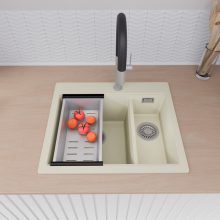 HD Aspen White 58 kétmedencés gránit mosogatótálca szett, acél csepegtetőráccsal és kosárral, tört fehér színben, szálcsiszolt króm leeresztő szifonnal