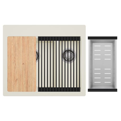 HD Aspen White 58 kétmedencés gránit mosogatótálca szett, vágódeszkával, matt fekete csepegtetőráccsal és krómozott kosárral, tört fehér színben, szálcsiszolt króm leeresztő szifonnal