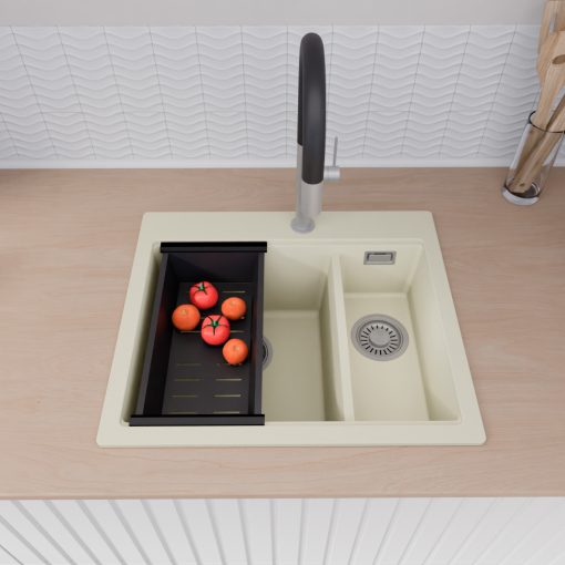 HD Aspen White 58 kétmedencés gránit mosogatótálca szett, vágódeszkával, acél csepegtetőráccsal és matt fekete kosárral, tört fehér színben, szálcsiszolt króm leeresztő szifonnal