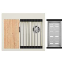 HD Aspen White 58 kétmedencés gránit mosogatótálca szett, vágódeszkával, acél csepegtetőráccsal és kosárral, tört fehér színben, szálcsiszolt króm leeresztő szifonnal