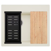 HD Aspen White 58 kétmedencés gránit mosogatótálca szett, vágódeszkával, vágódeszkával, matt fekete csepegtetőkosárral, tört fehér színben, szálcsiszolt króm leeresztő szifonnal