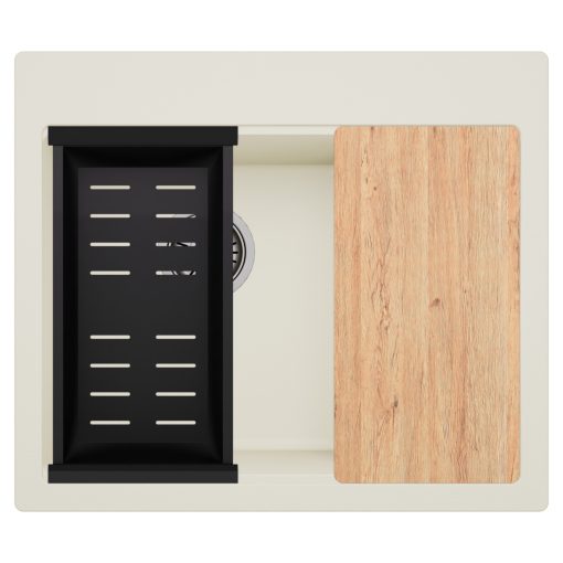 HD Aspen White 58 kétmedencés gránit mosogatótálca szett, vágódeszkával, vágódeszkával, matt fekete csepegtetőkosárral, tört fehér színben, szálcsiszolt króm leeresztő szifonnal