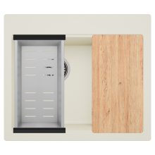 HD Aspen White 58 kétmedencés gránit mosogatótálca szett, vágódeszkával, vágódeszkával, acél csepegtetőkosárral, tört fehér színben, szálcsiszolt króm leeresztő szifonnal