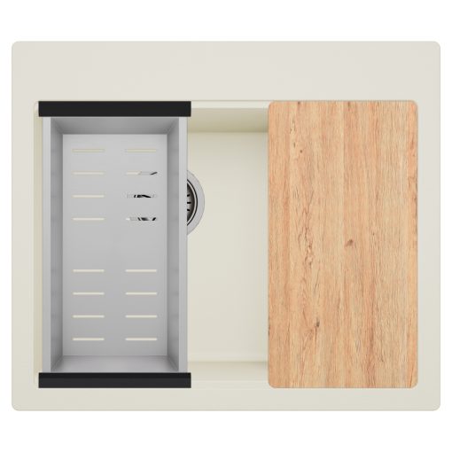 HD Aspen White 58 kétmedencés gránit mosogatótálca szett, vágódeszkával, vágódeszkával, acél csepegtetőkosárral, tört fehér színben, szálcsiszolt króm leeresztő szifonnal