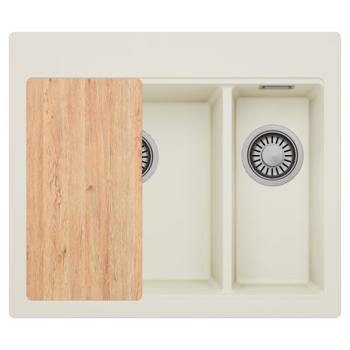 HD Aspen White 58 kétmedencés gránit mosogatótálca, vágódeszkával, vágódeszkával, tört fehér színben, szálcsiszolt króm leeresztő szifonnal