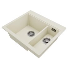 HD Aspen White 58 kétmedencés gránit mosogatótálca, vágódeszkával, vágódeszkával, tört fehér színben, szálcsiszolt króm leeresztő szifonnal