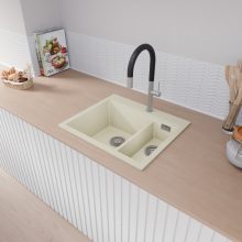 HD Aspen White 58 kétmedencés gránit mosogatótálca, vágódeszkával, vágódeszkával, tört fehér színben, szálcsiszolt króm leeresztő szifonnal