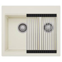 HD Aspen White 58 kétmedencés gránit mosogatótálca szett, acél csepegtetőráccsal, tört fehér színben, szálcsiszolt króm leeresztő szifonnal