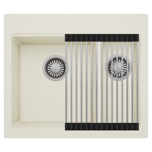 HD Aspen White 58 kétmedencés gránit mosogatótálca szett, acél csepegtetőráccsal, tört fehér színben, szálcsiszolt króm leeresztő szifonnal