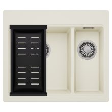 HD Aspen White 58 kétmedencés gránit mosogatótálca szett, matt fekete csepegtetőkosárral, tört fehér színben, szálcsiszolt króm leeresztő szifonnal