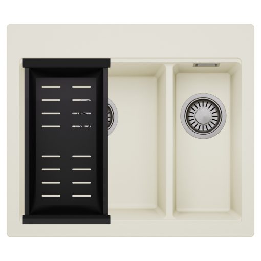 HD Aspen White 58 kétmedencés gránit mosogatótálca szett, matt fekete csepegtetőkosárral, tört fehér színben, szálcsiszolt króm leeresztő szifonnal