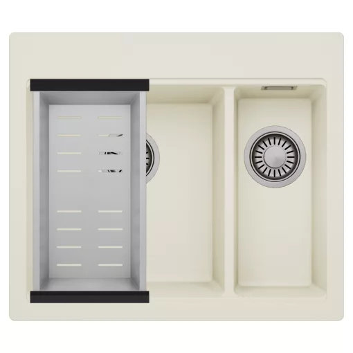 HD Aspen White 58 kétmedencés gránit mosogatótálca szett, acél csepegtetőkosárral, tört fehér színben, szálcsiszolt króm leeresztő szifonnal