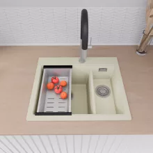 HD Aspen White 58 kétmedencés gránit mosogatótálca szett, acél csepegtetőkosárral, tört fehér színben, szálcsiszolt króm leeresztő szifonnal