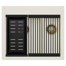 HD Aspen White 58 kétmedencés gránit mosogatótálca szett, matt fekete csepegtetőráccsal és kosárral, tört fehér színben, szálcsiszolt arany leeresztő szifonnal