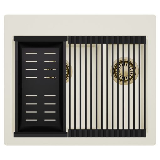 HD Aspen White 58 kétmedencés gránit mosogatótálca szett, matt fekete csepegtetőráccsal és kosárral, tört fehér színben, szálcsiszolt arany leeresztő szifonnal