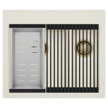 HD Aspen White 58 kétmedencés gránit mosogatótálca szett, matt fekete csepegtetőráccsal és krómozott kosárral, tört fehér színben, szálcsiszolt arany leeresztő szifonnal