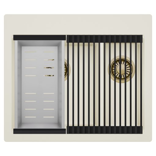 HD Aspen White 58 kétmedencés gránit mosogatótálca szett, matt fekete csepegtetőráccsal és krómozott kosárral, tört fehér színben, szálcsiszolt arany leeresztő szifonnal