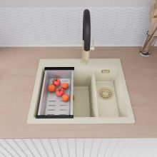 HD Aspen White 58 kétmedencés gránit mosogatótálca szett, matt fekete csepegtetőráccsal és krómozott kosárral, tört fehér színben, szálcsiszolt arany leeresztő szifonnal