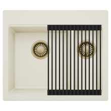 HD Aspen White 58 kétmedencés gránit mosogatótálca szett, matt fekete csepegtetőráccsal, tört fehér színben, szálcsiszolt arany leeresztő szifonnal