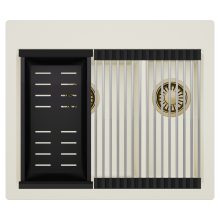 HD Aspen White 58 kétmedencés gránit mosogatótálca szett, acél csepegtetőráccsal és matt fekete kosárral, tört fehér színben, szálcsiszolt arany leeresztő szifonnal