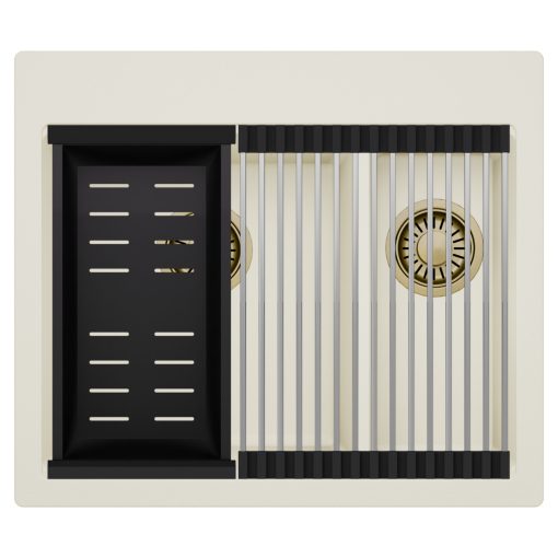 HD Aspen White 58 kétmedencés gránit mosogatótálca szett, acél csepegtetőráccsal és matt fekete kosárral, tört fehér színben, szálcsiszolt arany leeresztő szifonnal