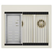 HD Aspen White 58 kétmedencés gránit mosogatótálca szett, acél csepegtetőráccsal és kosárral, tört fehér színben, szálcsiszolt arany leeresztő szifonnal