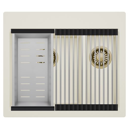 HD Aspen White 58 kétmedencés gránit mosogatótálca szett, acél csepegtetőráccsal és kosárral, tört fehér színben, szálcsiszolt arany leeresztő szifonnal