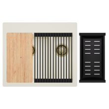 HD Aspen White 58 kétmedencés gránit mosogatótálca szett, vágódeszkával, matt fekete csepegtetőráccsal és kosárral, tört fehér színben, szálcsiszolt arany leeresztő szifonnal