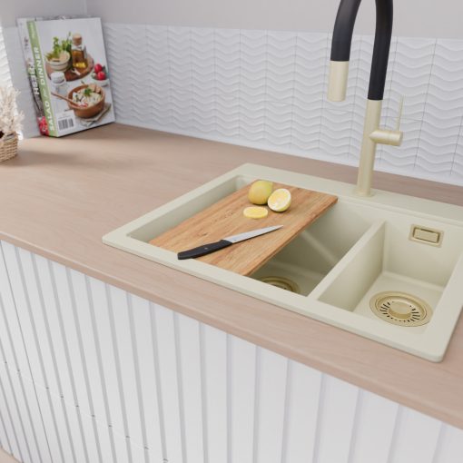 HD Aspen White 58 kétmedencés gránit mosogatótálca szett, vágódeszkával, matt fekete csepegtetőráccsal és kosárral, tört fehér színben, szálcsiszolt arany leeresztő szifonnal