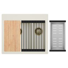 HD Aspen White 58 kétmedencés gránit mosogatótálca szett, vágódeszkával, matt fekete csepegtetőráccsal és krómozott kosárral, tört fehér színben, szálcsiszolt arany leeresztő szifonnal