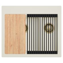 HD Aspen White 58 kétmedencés gránit mosogatótálca szett, vágódeszkával, matt fekete csepegtetőráccsal, tört fehér színben, szálcsiszolt arany leeresztő szifonnal