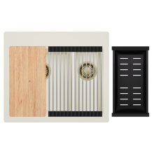 HD Aspen White 58 kétmedencés gránit mosogatótálca szett, vágódeszkával, acél csepegtetőráccsal és matt fekete kosárral, tört fehér színben, szálcsiszolt arany leeresztő szifonnal