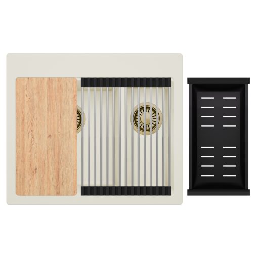 HD Aspen White 58 kétmedencés gránit mosogatótálca szett, vágódeszkával, acél csepegtetőráccsal és matt fekete kosárral, tört fehér színben, szálcsiszolt arany leeresztő szifonnal