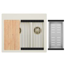 HD Aspen White 58 kétmedencés gránit mosogatótálca szett, vágódeszkával, acél csepegtetőráccsal és kosárral, tört fehér színben, szálcsiszolt arany leeresztő szifonnal