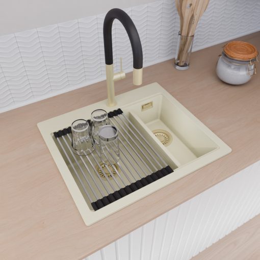 HD Aspen White 58 kétmedencés gránit mosogatótálca szett, vágódeszkával, acél csepegtetőráccsal és kosárral, tört fehér színben, szálcsiszolt arany leeresztő szifonnal