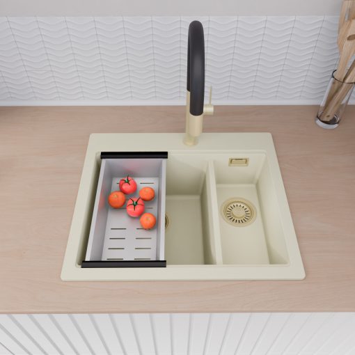 HD Aspen White 58 kétmedencés gránit mosogatótálca szett, vágódeszkával, acél csepegtetőráccsal és kosárral, tört fehér színben, szálcsiszolt arany leeresztő szifonnal