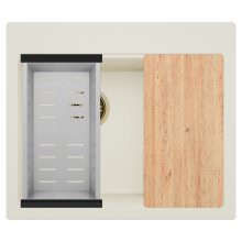 HD Aspen White 58 kétmedencés gránit mosogatótálca szett, vágódeszkával, acél csepegtetőkosárral, tört fehér színben, szálcsiszolt arany leeresztő szifonnal