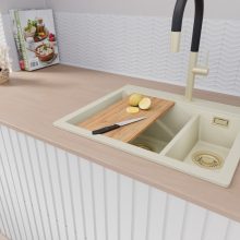 HD Aspen White 58 kétmedencés gránit mosogatótálca szett, vágódeszkával, acél csepegtetőkosárral, tört fehér színben, szálcsiszolt arany leeresztő szifonnal