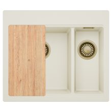 HD Aspen White 58 kétmedencés gránit mosogatótálca, vágódeszkával, tört fehér színben, szálcsiszolt arany leeresztő szifonnal