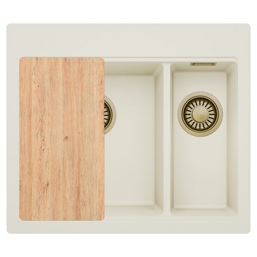 HD Aspen White 58 kétmedencés gránit mosogatótálca, vágódeszkával, tört fehér színben, szálcsiszolt arany leeresztő szifonnal