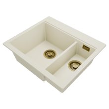 HD Aspen White 58 kétmedencés gránit mosogatótálca, vágódeszkával, tört fehér színben, szálcsiszolt arany leeresztő szifonnal