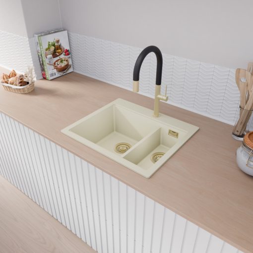 HD Aspen White 58 kétmedencés gránit mosogatótálca, vágódeszkával, tört fehér színben, szálcsiszolt arany leeresztő szifonnal