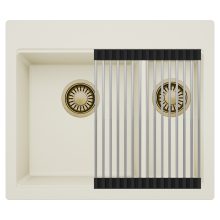 HD Aspen White 58 kétmedencés gránit mosogatótálca szett, acél csepegtetőráccsal, tört fehér színben, szálcsiszolt arany leeresztő szifonnal