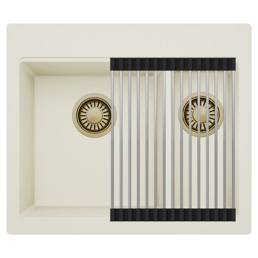 HD Aspen White 58 kétmedencés gránit mosogatótálca szett, acél csepegtetőráccsal, tört fehér színben, szálcsiszolt arany leeresztő szifonnal